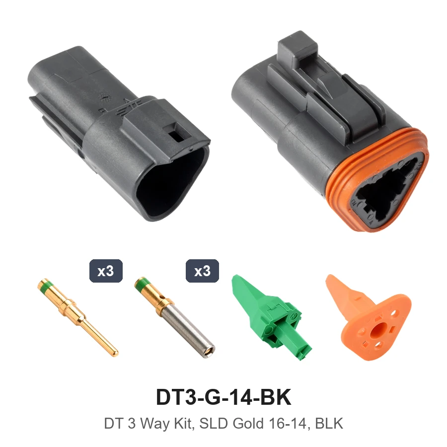 DT 3 Pin Conn Kit Solid Gold 16-14 Black - DT3-G-14-BK